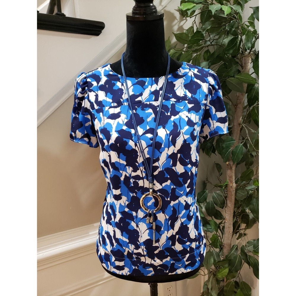J.CREW Women's Blue & Black Floral Lined Crew Neck Short Sleeve Top Blouse Small